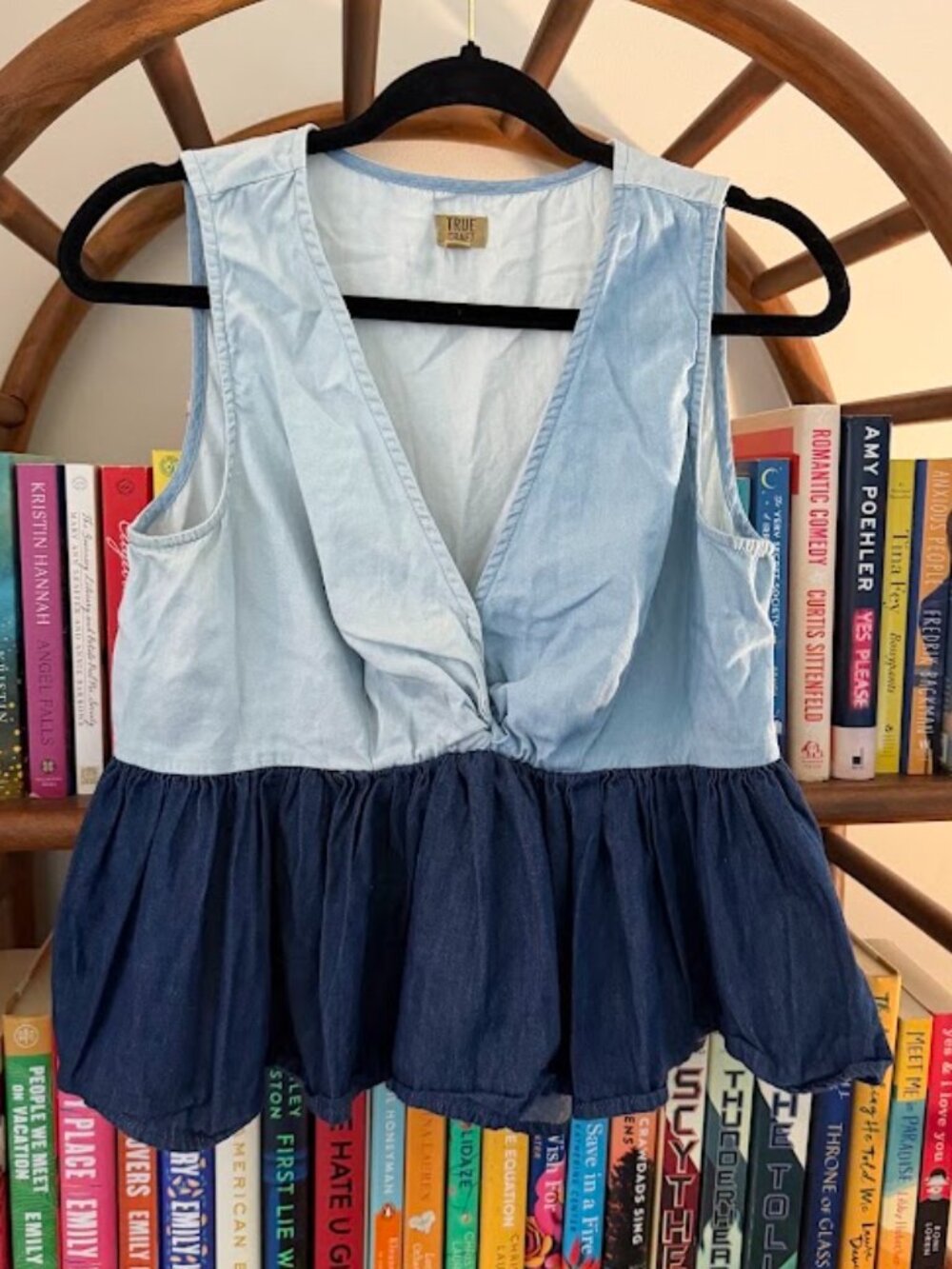 True Craft Colorblock Chambray Peplum Tank Top | Size L | Light Blue & Navy